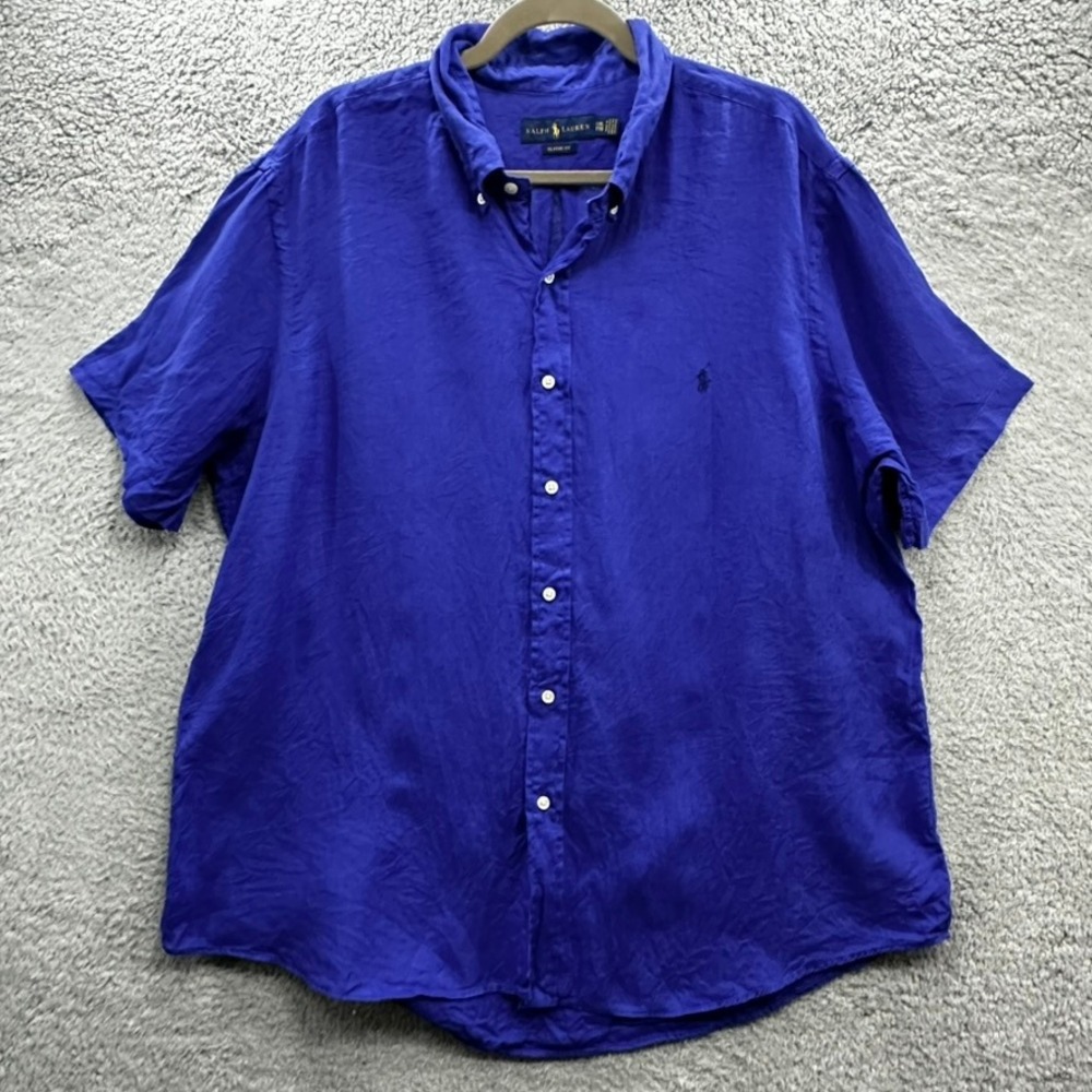 Polo Ralph Lauren Men's 2XL Royal Blue 100% Linen Short Sleeve Button Down Shirt